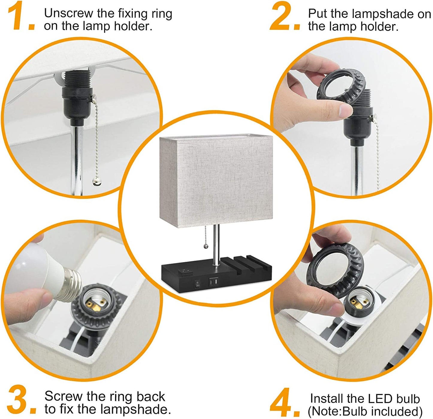 USB Bedside Lamp with Phone Stands, Table Lamp Dual Charging Ports, Nightstand Lamp for Bedroom,Minimalist Fabric Linen Lamp Shade with Pull Chain, E26 Warm White LED Bulb Included