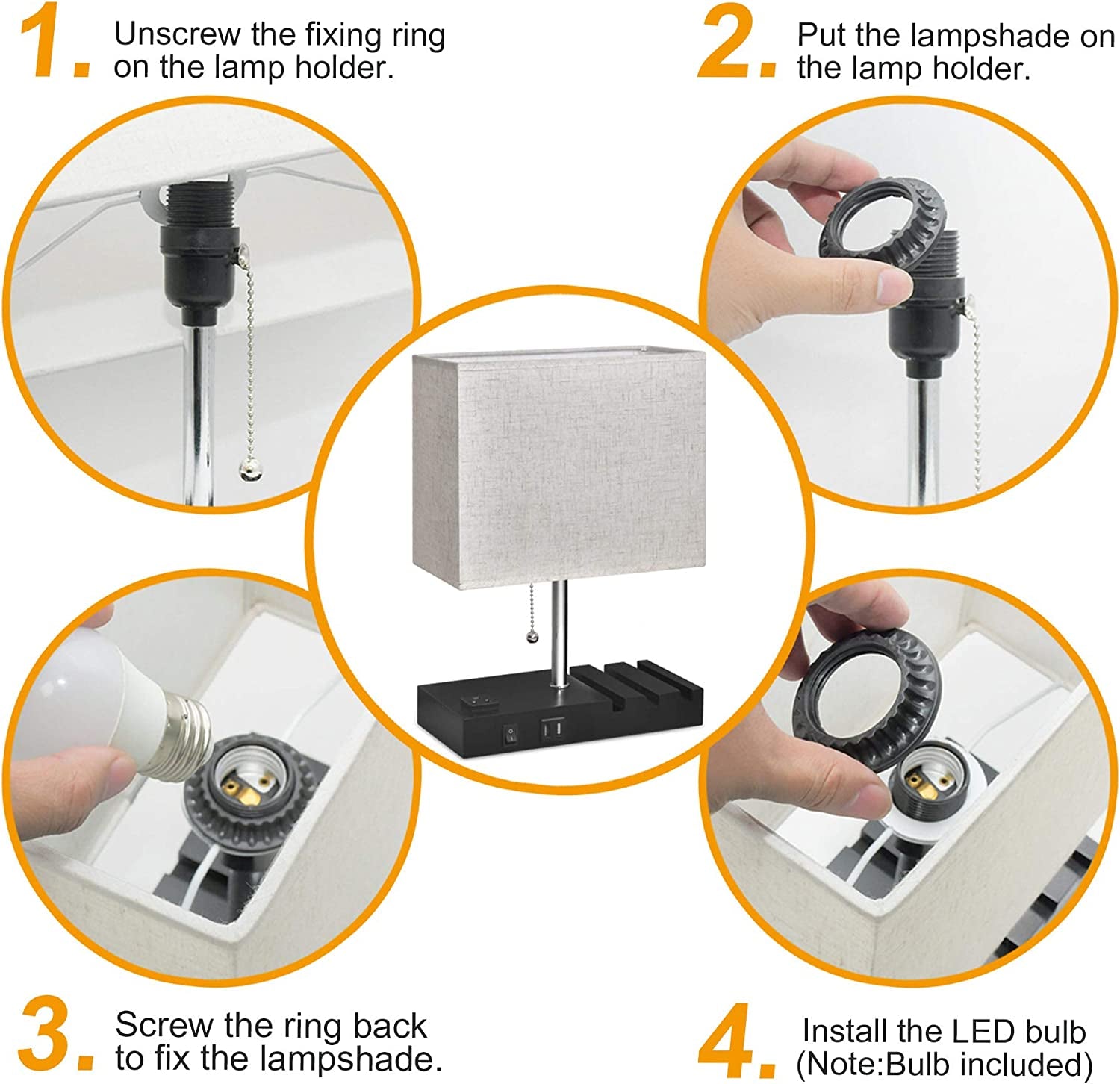 USB Bedside Lamp with Phone Stands, Table Lamp Dual Charging Ports, Nightstand Lamp for Bedroom,Minimalist Fabric Linen Lamp Shade with Pull Chain, E26 Warm White LED Bulb Included