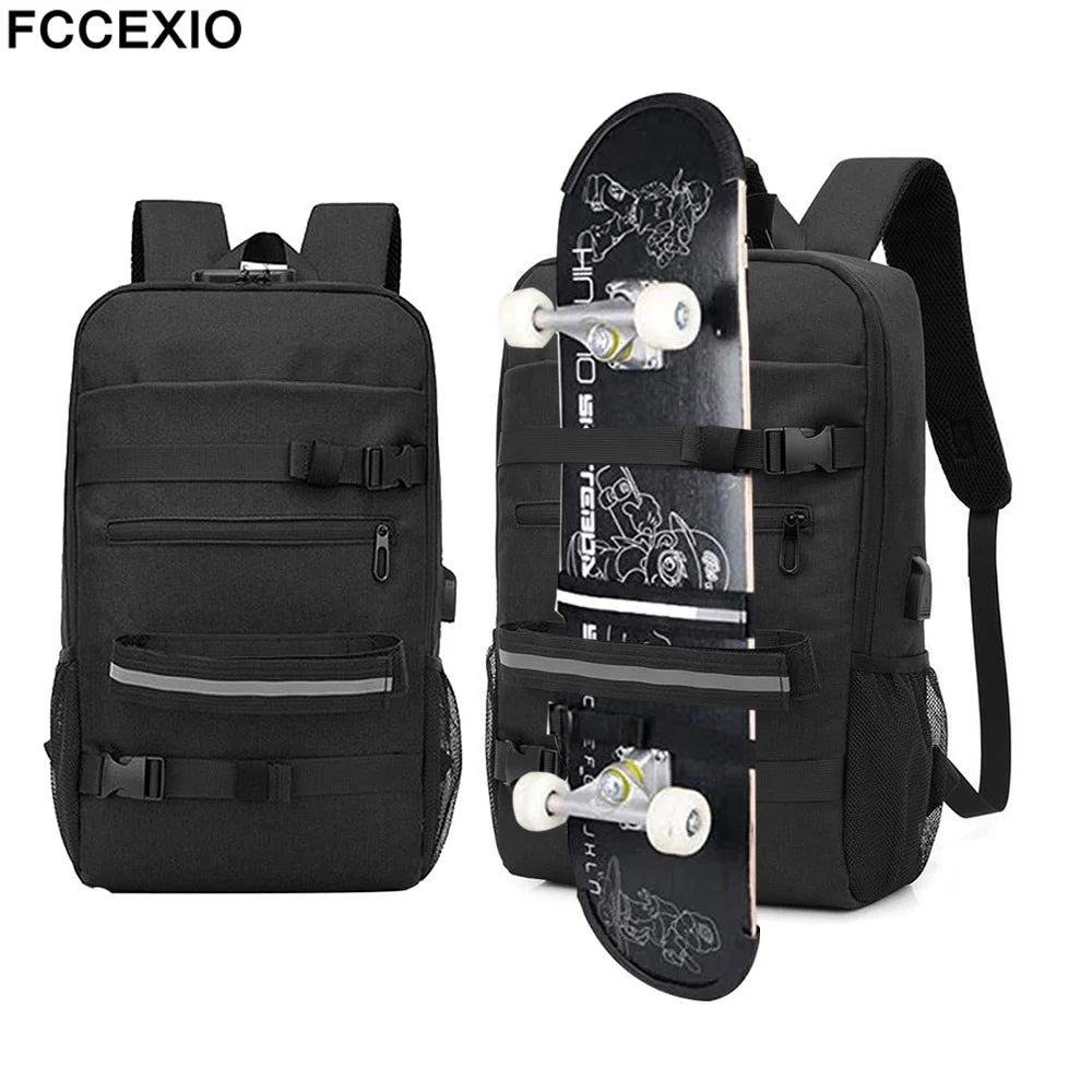 Skateboard Backpack Anti-Theft Password Lock USB Charging Shoulder Bag Unisex Leisure Travel Computer Bag Longboard Bag