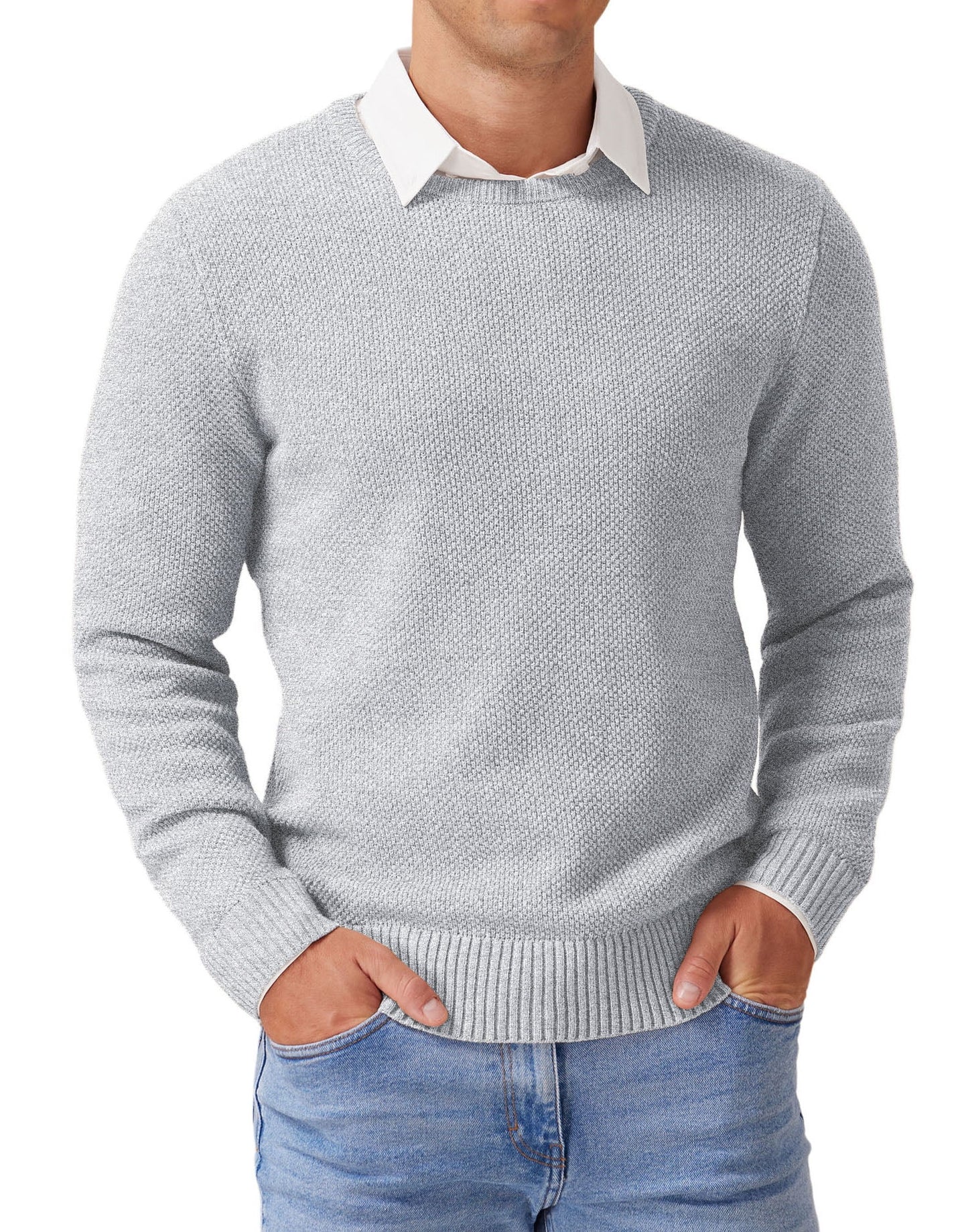 Mens Pullover Sweater Soft Lightweight Casual Classic Crewneck Knitwear Sweaters with Ribbing Edge Light Gray-Xxl